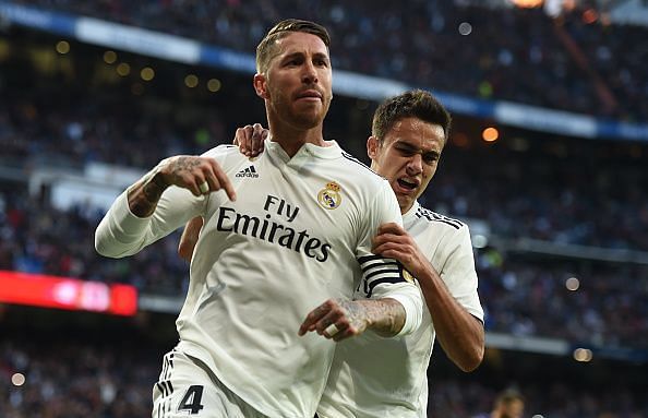 Real Madrid's Sergio Ramos celebrates his goal on Saturday